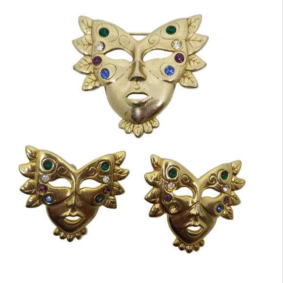 VINTAGE MARDI GRAS HARLEQUIN MASK EARRINGS & BROOCH SET - Picture 1 of 4
